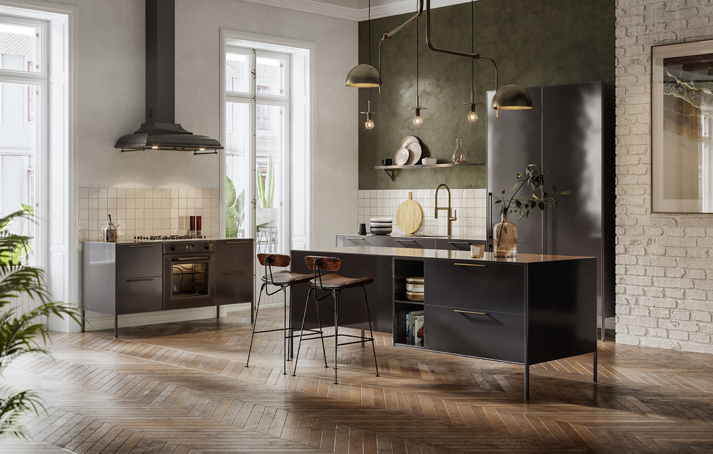 moderne und auch rustikale Küche mit Holzboden